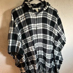 plaid zip-up poncho with hood